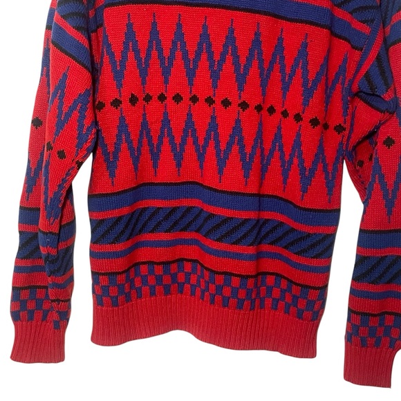 Vtg 80s Streetwear Mens L Knit Sweater Red Blue Purple Crewneck Geometric Print - Picture 5 of 11